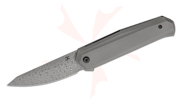 Kansept Knives Integra Flipper Knife 3.63 inch Damascus Drop Point Blade, Silicon Carbide Titanium Handles
