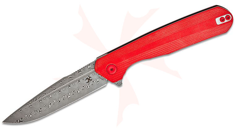 Kansept Knives Ostap Hel Qilin Flipper Knife 3.43 inch Damascus Drop Point Blade, Red G10 Handles