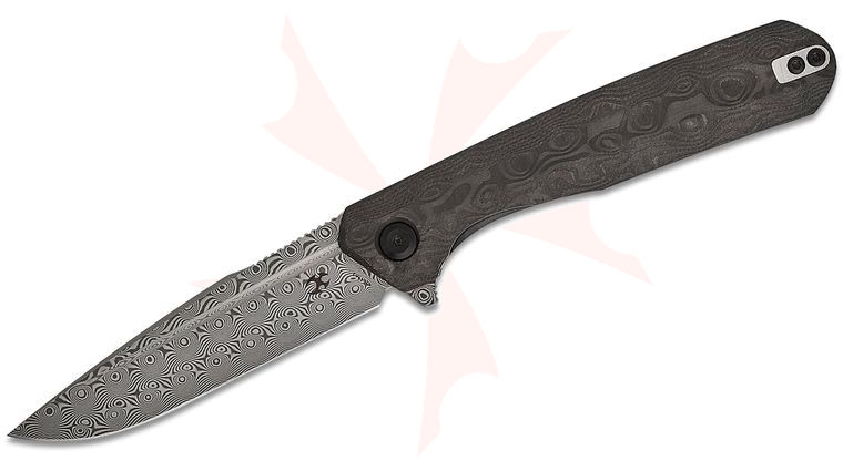 Kansept Knives Ostap Hel Qilin Flipper Knife 3.43 inch Damascus Drop Point Blade, Black Rose Carbon Fiber Handles