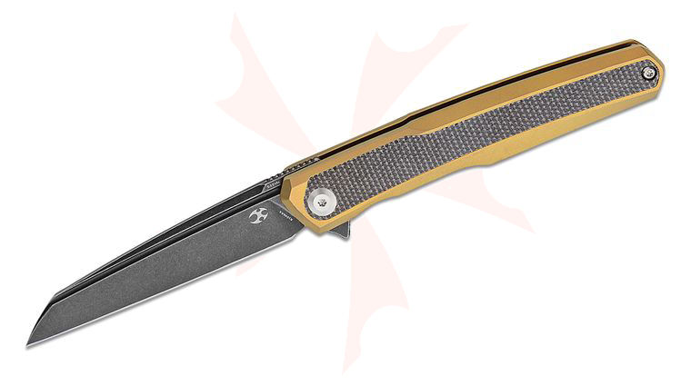 Kansept Knives Ostap Hel Arcus Flipper Knife 3.43 inch CPM-S35VN Black Stonewashed Wharncliffe Blade, Gold Titanium Handles with Black Canvas Micarta Inlays