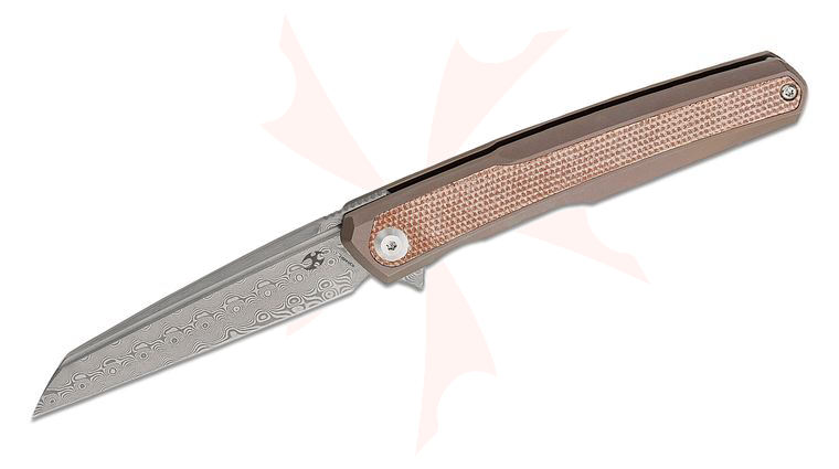 Kansept Knives Ostap Hel Arcus Flipper Knife 3.43 inch Damascus Wharncliffe Blade, Bronze Titanium Handles with Natural Canvas Micarta Inlays