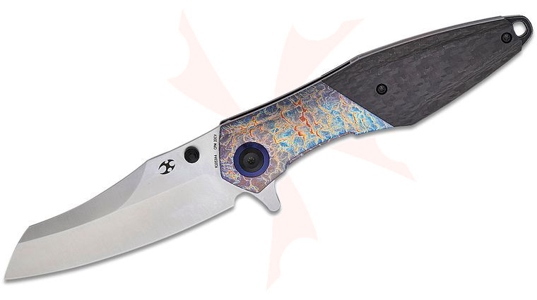 Kansept Knives Jonathan Styles Mistaken Frame Lock Flipper Knife 3.15 inch CPM-20CV Satin Modified Wharncliffe Blade, Lightning Strike Titanium Handles with Twill Carbon Fiber Inlays, Timascus Pocket Clip