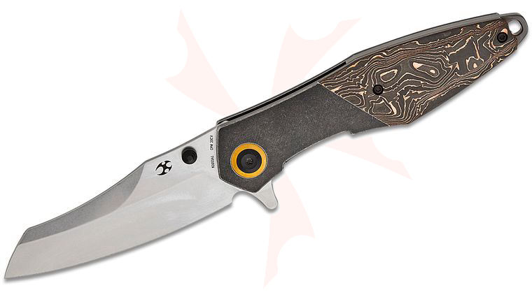 Kansept Knives Jonathan Styles Mistaken Frame Lock Flipper Knife 3.15 inch CPM-20CV Stonewashed Modified Wharncliffe Blade, Black Stonewashed Titanium Handles with Copper Carbon Fiber Inlays