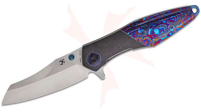 Kansept Knives Jonathan Styles Mistaken Frame Lock Flipper Knife 3.15 inch CPM-20CV Satin Modified Wharncliffe Blade, Black Stonewashed Titanium Handles with Timascus Inlays and Pocket Clip