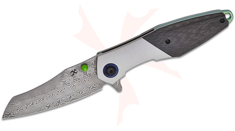 Kansept Knives Jonathan Styles Mistaken Frame Lock Flipper Knife 3.15 inch Damascus Modified Wharncliffe Blade, Bead Blast Titanium Handles with Twill Carbon Fiber Inlays, Timascus Pocket Clip