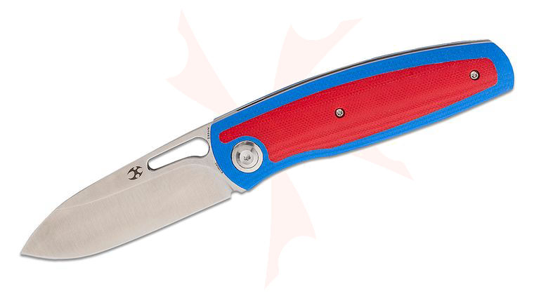 Kansept Knives Mato Front Flipper Knife 3.3 inch S35VN Satin Drop Point Blade, Blue G10 Handles with Red G10 Inlays