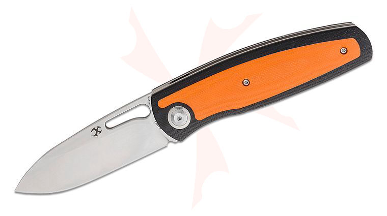 Kansept Knives Mato Front Flipper Knife 3.3 inch S35VN Stonewashed Drop Point Blade, Black G10 Handles with Orange G10 Inlays
