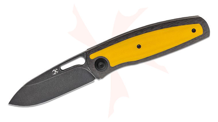 Kansept Knives Mato Front Flipper Knife 3.3 inch S35VN Black Stonewashed Drop Point Blade, Twill Carbon Fiber Handles with Yellow G10 Inlays