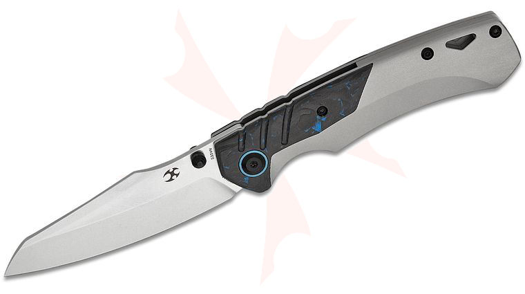 Kansept Knives Jonathan Styles Weim Frame Lock Folding Knife 3.28 inch CPM-S35VN Stonewashed Sheepsfoot Blade, Gray Titanium Handles with Blue Carbon Fiber Inlays