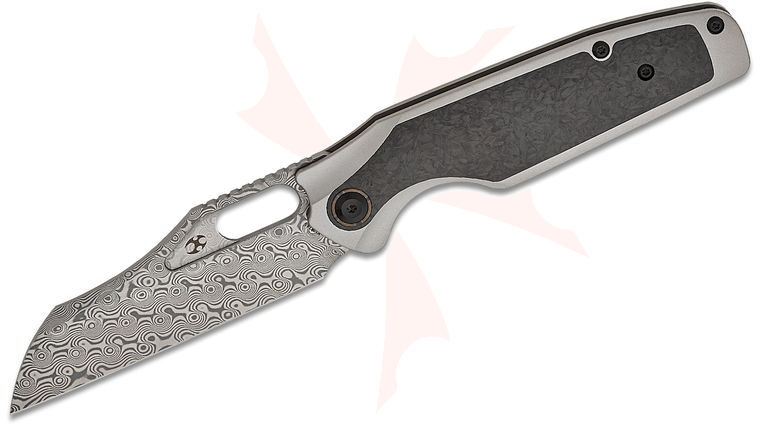 Kansept Knives Jonathan Styles Tuckamore Frame Lock Folding Knife 3.54 inch Damascus Sheepsfoot Blade, Gray Titanium Handles with Shred Carbon Fiber Inlays, Timascus Clip