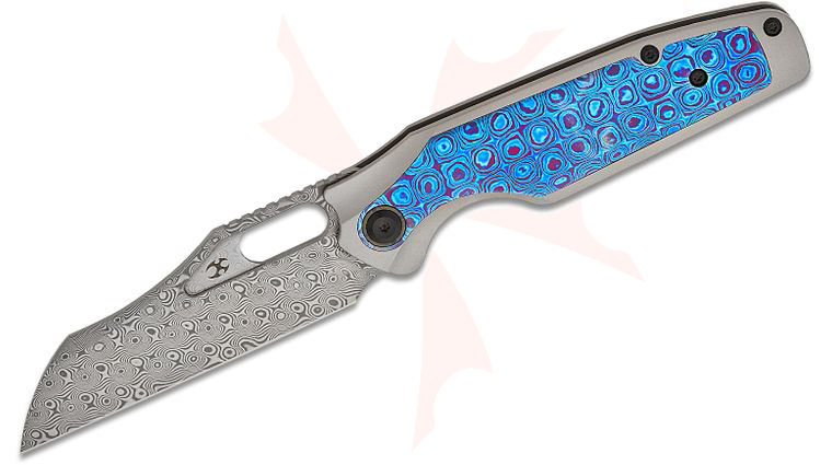 Kansept Knives Jonathan Styles Tuckamore Frame Lock Folding Knife 3.54 inch Damascus Sheepsfoot Blade, Gray Titanium Handles with Timascus Inlays and Pocket Clip