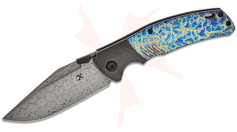 Kansept Knives Morgan Koens Hinterland Folding Knife 3.58 inch Damascus Clip Point Blade, Lightning Strike and Black Stonewashed Titanium Handles