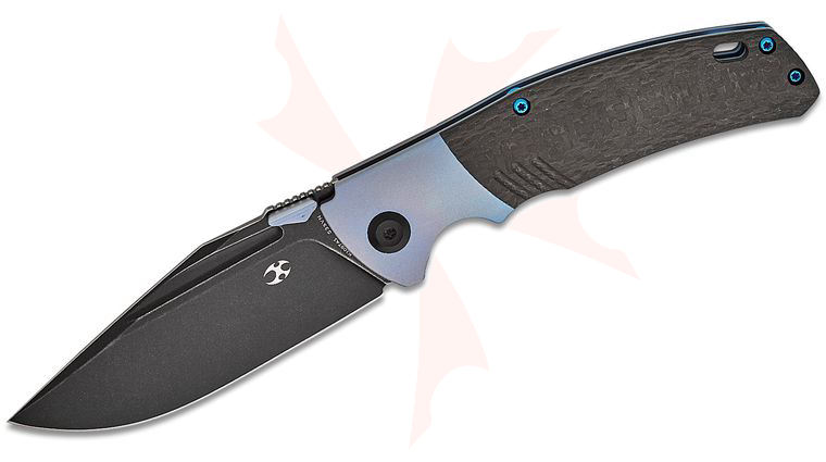 Kansept Knives Morgan Koens Hinterland Folding Knife 3.58 inch CPM-S35VN Black Stonewashed Clip Point Blade, Twill Carbon Fiber and Blue Titanium Handles