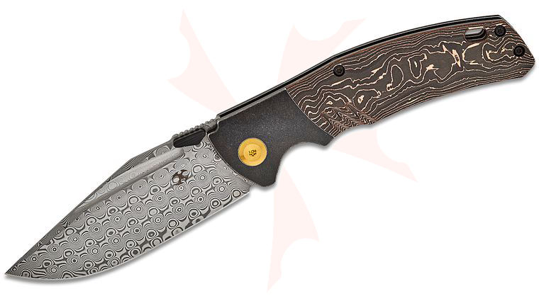 Kansept Knives Morgan Koens Hinterland Folding Knife 3.58 inch Damascus Clip Point Blade, Copper Carbon Fiber and Black Stonewashed Titanium Handles