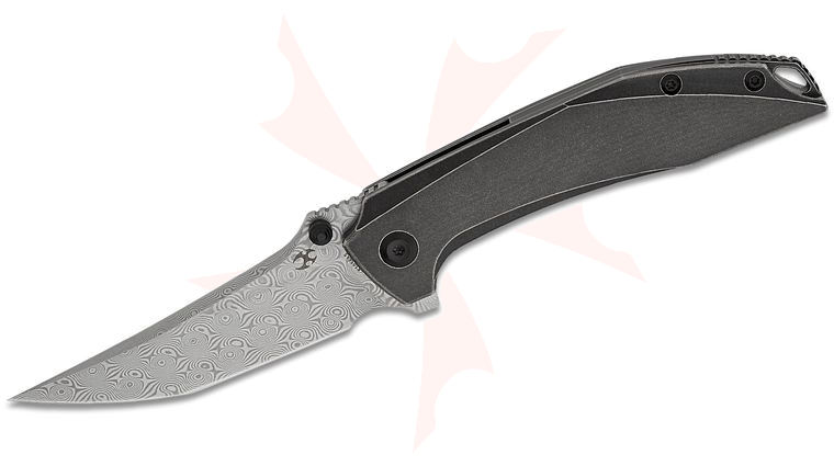 Kansept Knives Greg Schob Baku Liner Lock Flipper Knife 3.2 inch Damascus Trailing Point Blade, Black Stonewashed Titanium Handles