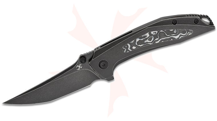 Kansept Knives Greg Schob Baku Liner Lock Flipper Knife 3.2 inch CPM-S35VN Black Stonewashed Trailing Point Blade, Black Titanium Handles with Black/White Carbon Fiber Inlay