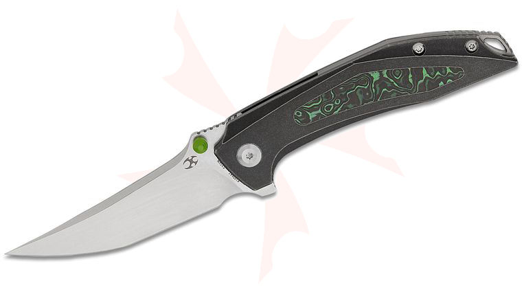 Kansept Knives Greg Schob Baku Liner Lock Flipper Knife 3.2 inch CPM-S35VN Satin Trailing Point Blade, Black Titanium Handles with Green Carbon Fiber Inlay