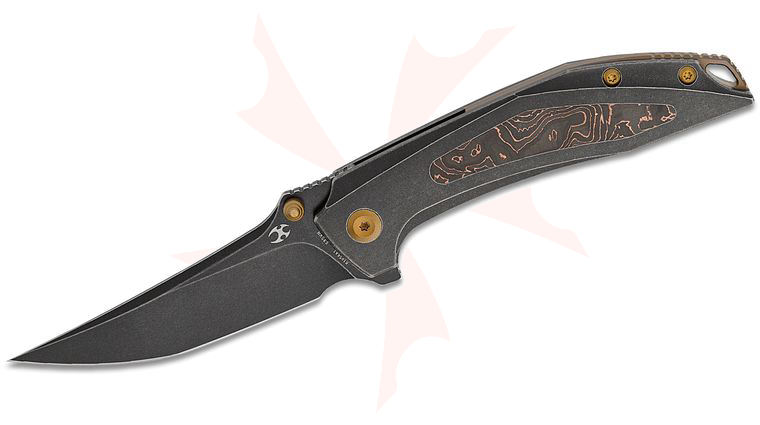 Kansept Knives Greg Schob Baku Liner Lock Flipper Knife 3.2 inch CPM-S35VN Black Stonewashed Trailing Point Blade, Black Titanium Handles with Copper Foil Carbon Fiber Inlay