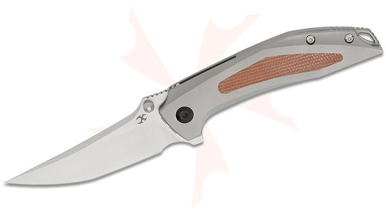 Kansept Knives Greg Schob Baku Liner Lock Flipper Knife 3.2 inch CPM-S35VN Satin Trailing Point Blade, Blasted Titanium Handles with Brown Micarta Inlay