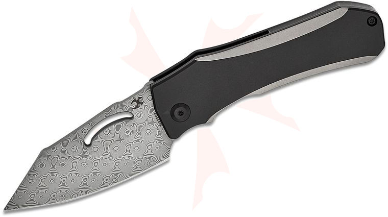 Kansept Knives Loki Frame Lock Folding Knife 2.99 inch Damascus Harpoon Blade, Black/Gray Titanium Handles
