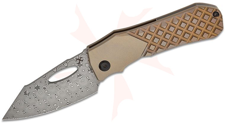Kansept Knives Loki Frame Lock Folding Knife 2.99 inch Damascus Black Harpoon Blade, Bronze Frag Titanium Handles