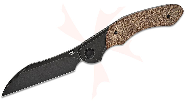 Kansept Knives Cosmos Frame Lock Flipper Knife 3.58 inch 20CV Black Stonewashed Wharncliffe Blade, Black Titanium Handles with Brown Micarta Onlays