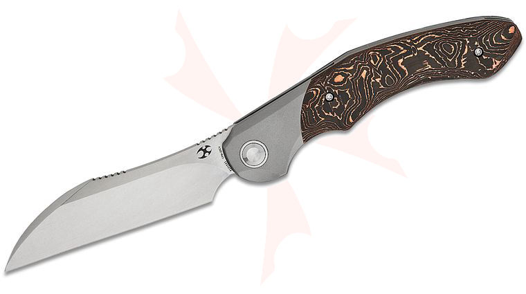 Kansept Knives Cosmos Frame Lock Flipper Knife 3.58 inch 20CV Stonewashed Wharncliffe Blade, Titanium Handles with Copper Carbon Fiber Onlays