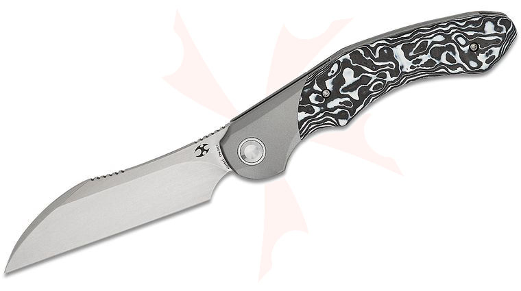 Kansept Knives Cosmos Frame Lock Flipper Knife 3.58 inch 20CV Stonewashed Wharncliffe Blade, Titanium Handles with Black/White Carbon Fiber Onlays