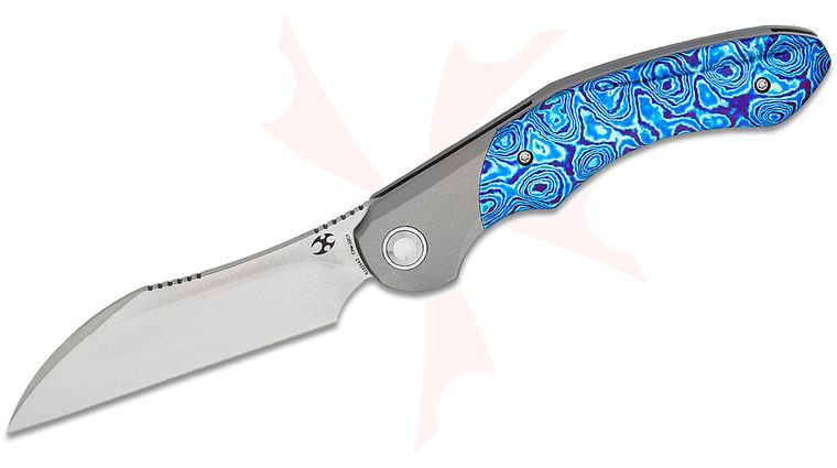 Kansept Knives Cosmos Frame Lock Flipper Knife 3.58 inch 20CV Satin Wharncliffe Blade, Titanium Handles with Timascus Onlays