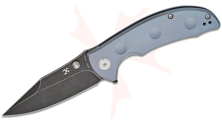 Kansept Knives Rei Frame Lock Flipper Knife 3.24 inch CPM-20CV Black Stonewashed Modified Drop Point Blade, Blue Titanium Handles