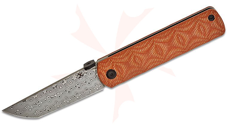 Kansept Knives Rolf Helbig BTF Folding Knife 3.24 inch Damascus Tanto Blade, Brown Micarta Handles