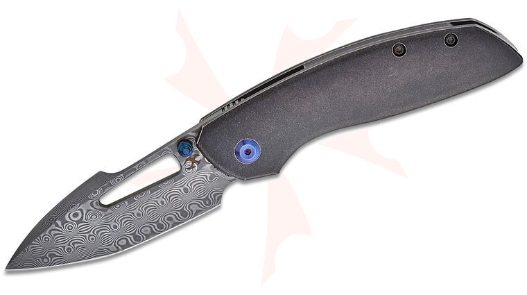 Kansept Knives Johnathan Shaw Link Frame Lock Front Flipper Knife 3 inch Damascus Harpoon Blade, Black Titanium Handles, Timascus Pocket Clip