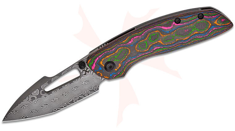 Kansept Knives Johnathan Shaw Link Frame Lock Front Flipper Knife 3 inch Damascus Harpoon Blade, 80s CamoCarbon and Black Titanium Handles