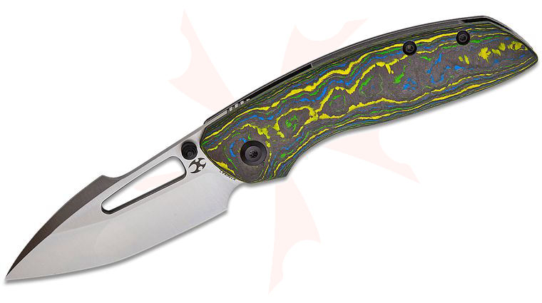 Kansept Knives Johnathan Shaw Link Frame Lock Front Flipper Knife 3 inch CPM-20CV Satin Harpoon Blade, 80s CamoCarbon and Black Titanium Handles