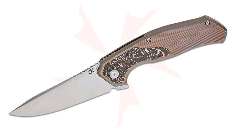 Kansept Knives Johnathan Sibley Havorn Frame Lock Flipper Knife 3.48 inch CPM-S35VN Stonewashed Drop Point Blade, Wave Milled Bronze Titanium Handles with Copper Foil Carbon Fiber Inlay