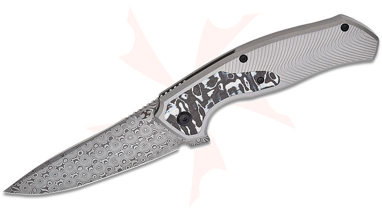 Kansept Knives Johnathan Sibley Havorn Frame Lock Flipper Knife 3.48 inch Damascus Drop Point Blade, Wave Milled Bead Blast Titanium Handles with White Storm FatCarbon Inlay