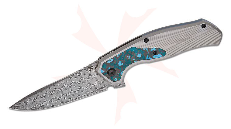 Kansept Knives Johnathan Sibley Havorn Frame Lock Flipper Knife 3.48 inch Damascus Drop Point Blade, Wave Milled Bead Blast Titanium Handles with Arctic Storm FatCarbon Inlay