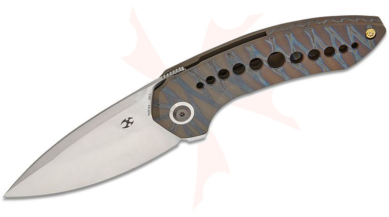 Kansept Knives TuffKnives ODD 21 Frame Lock Flipper Knife 3.08 inch CPM-20CV Satin Drop Point Blade, Tiger Stripe Flamed Titanium Handles