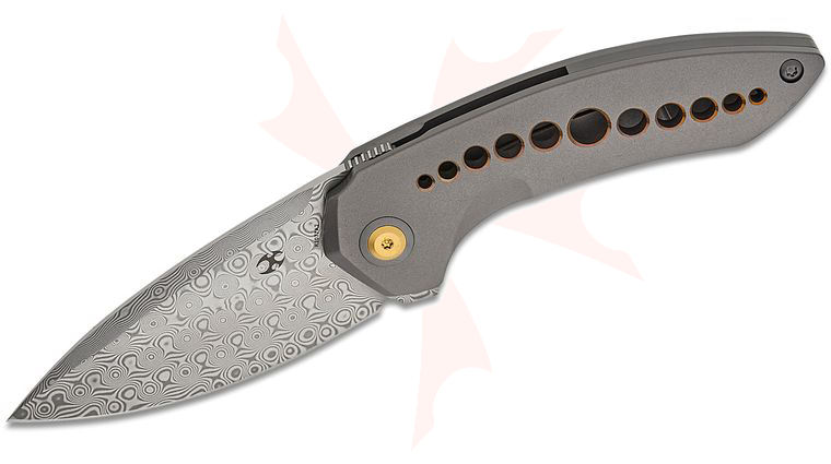 Kansept Knives TuffKnives ODD 21 Frame Lock Flipper Knife 3.08 inch Damascus Drop Point Blade, Gray Titanium Handles with Bronze Anodized Holes
