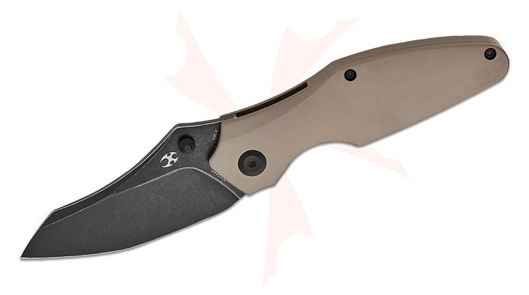 Kansept Knives Greg Schob Baba Yaga Frame Lock Folding Knife 3.06 inch CPM-20CV Black Stonewashed Modified Wharncliffe Blade, Bronze Titanium Handles