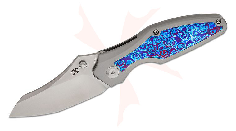 Kansept Knives Greg Schob Baba Yaga Frame Lock Folding Knife 3.06 inch CPM-20CV Satin Modified Wharncliffe Blade, Bead Blasted Titanium Handles with Timascus Inlays