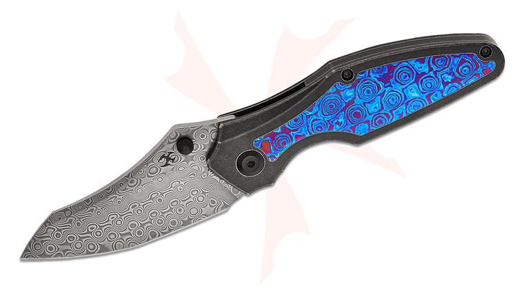 Kansept Knives Greg Schob Baba Yaga Frame Lock Folding Knife 3.06 inch Damascus Modified Wharncliffe Blade, Black Stonewashed Titanium Handles with Timascus Inlays