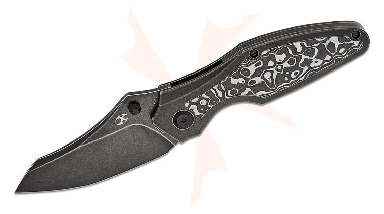 Kansept Knives Greg Schob Baba Yaga Frame Lock Folding Knife 3.06 inch CPM-20CV Black Stonewashed Modified Wharncliffe Blade, Black Titanium Handles with Black/White Carbon Fiber Inlays