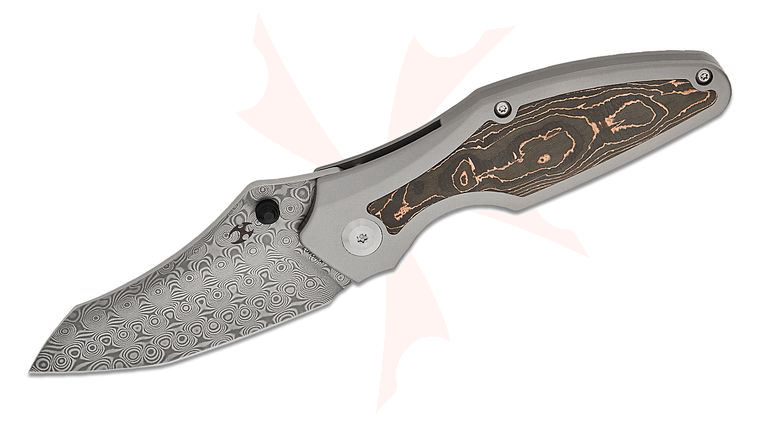 Kansept Knives Greg Schob Baba Yaga Frame Lock Folding Knife 3.06 inch Damascus Modified Wharncliffe Blade, Bead Blasted Titanium Handles with Copper Foil Carbon Fiber Inlays