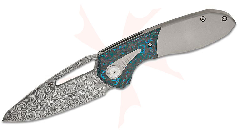 Kansept Knives Greg Schob Thoth Bolstered Frame Lock Folding Knife 3.43 inch Damascus Clip Point Blade, Bead Blast Titanium Handles with Arctic Storm FatCarbon Inlays