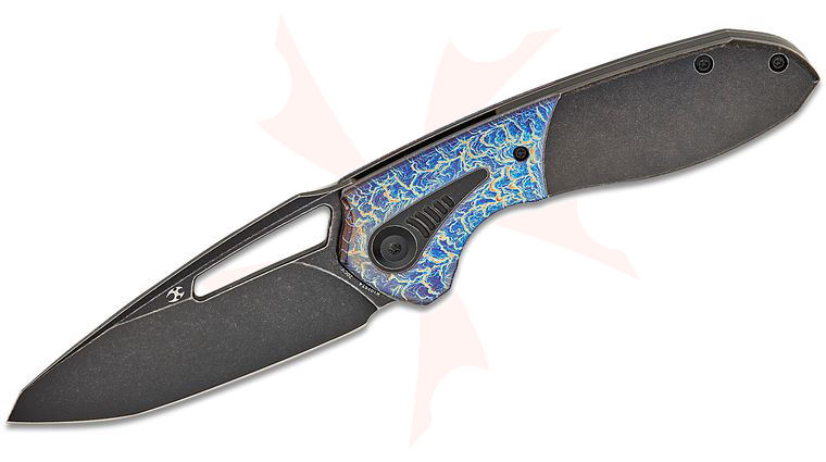 Kansept Knives Greg Schob Thoth Bolstered Frame Lock Folding Knife 3.43 inch CPM-20CV Black Stonewashed Clip Point Blade, Black Stonewashed Titanium Handles with Lightning Strike Titanium Inlays