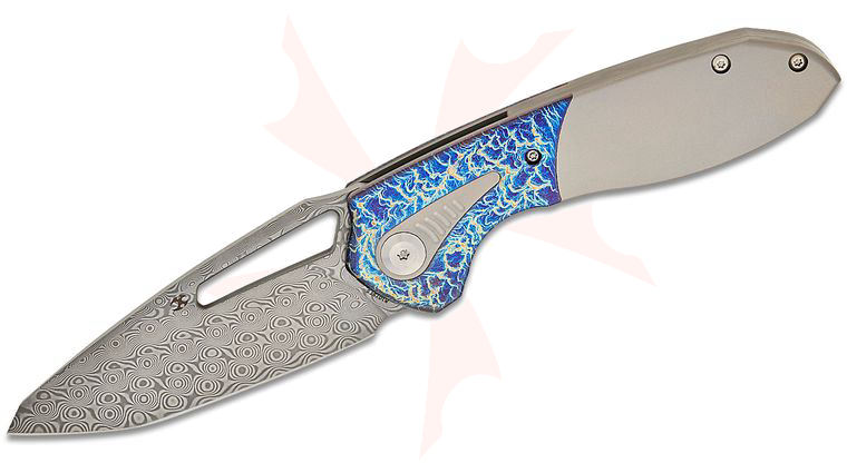 Kansept Knives Greg Schob Thoth Bolstered Frame Lock Folding Knife 3.43 inch Damascus Clip Point Blade, Bead Blasted Titanium Handles with Lightning Strike Titanium Inlays