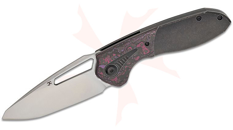 Kansept Knives Greg Schob Thoth Bolstered Frame Lock Folding Knife 3.43 inch CPM-20CV Satin Clip Point Blade, Black Stonewashed Titanium Handles with Purple Haze FatCarbon Inlays