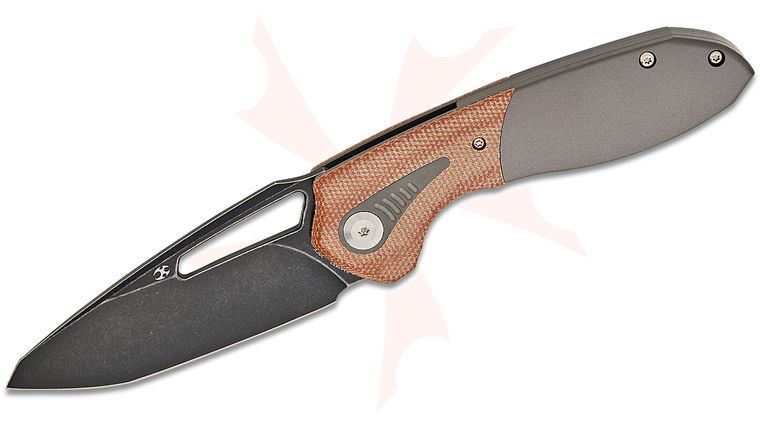 Kansept Knives Greg Schob Thoth Bolstered Frame Lock Folding Knife 3.43 inch CPM-20CV Black Stonewashed Clip Point Blade, Gray Titanium Handles with Brown Canvas Micarta Inlays
