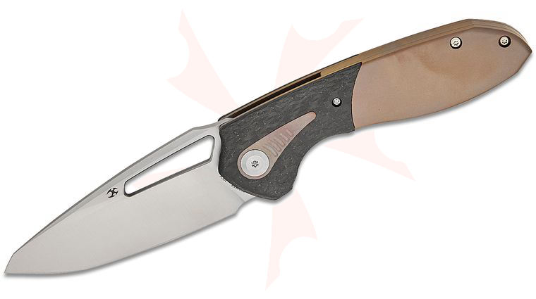 Kansept Knives Greg Schob Thoth Bolstered Frame Lock Folding Knife 3.43 inch CPM-20CV Satin Clip Point Blade, Bronze Titanium Handles with Twill Carbon Fiber Inlays